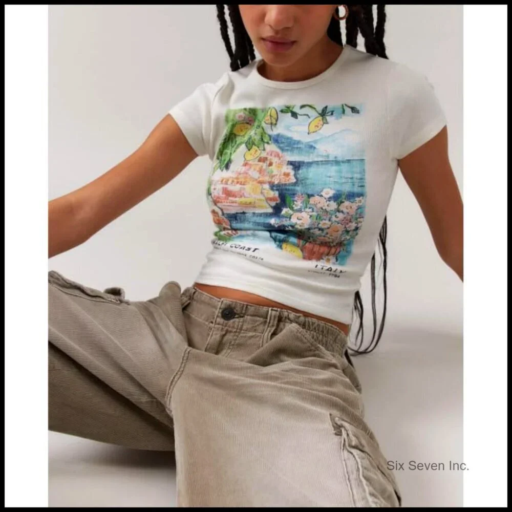 Y2K Vintage Fruit Print Crop Top Slim Fit Short Sleeve Tee Eco-Friendly